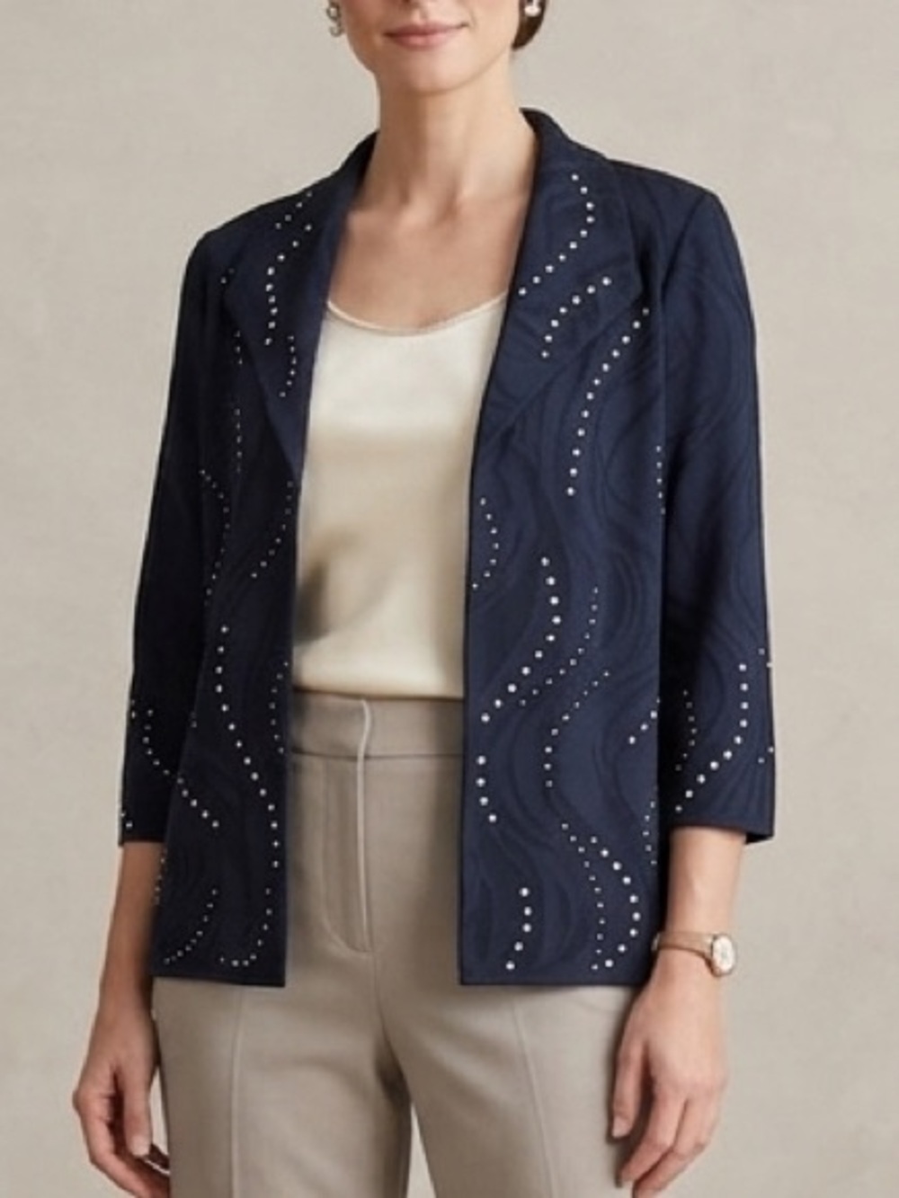 MING WANG Knit Jacket Navy Single Hook Closure Size M White Dots *READ